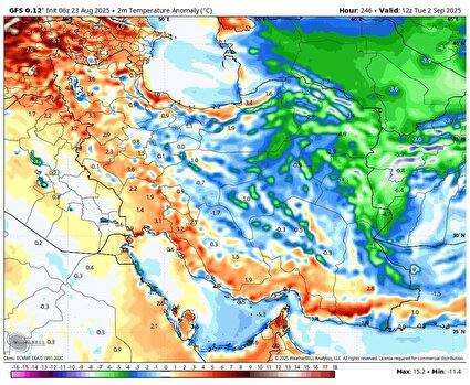 الگوی دمایی غالب برای ۱۰ روز آینده